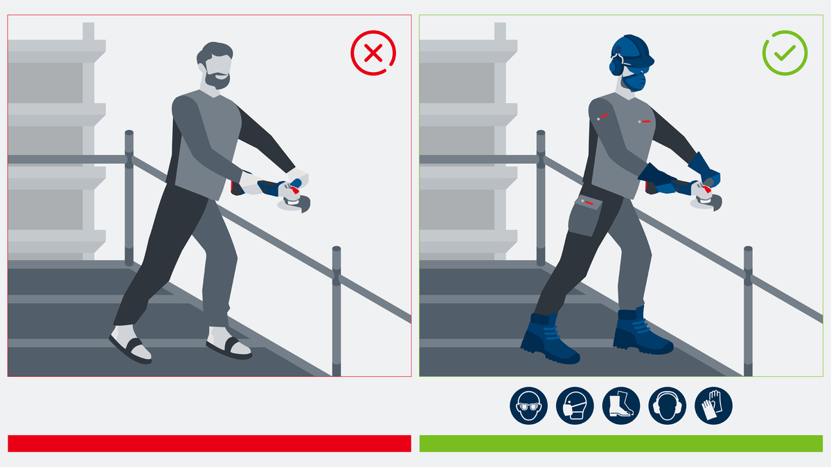 一名工人在脚手架上使用研磨机，右侧佩戴安全设备。.