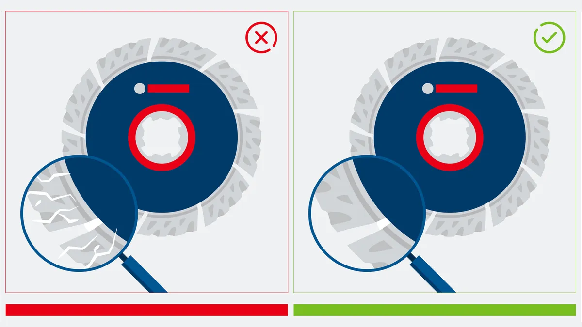 放大镜检查切割盘，比较磨损和完好的刀刃。.
