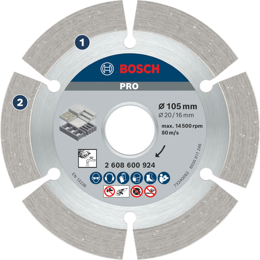BoschPRO 混凝土金刚石切割片 105 毫米，用于快速切割混凝土。