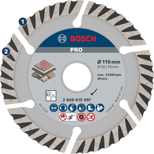 BoschPRO 石材金刚石切割片 110 毫米，用于切割石材。