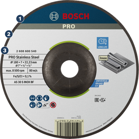 BoschPRO 不锈钢切割片，适用于不锈钢制品。