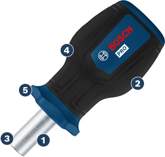 BoschPRO 短柄螺丝刀，符合人体工程学手柄设计。