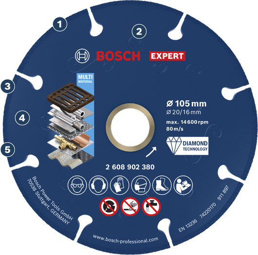 BoschEXPERT 金属金刚石切割片 105 毫米，适用于多种材料。