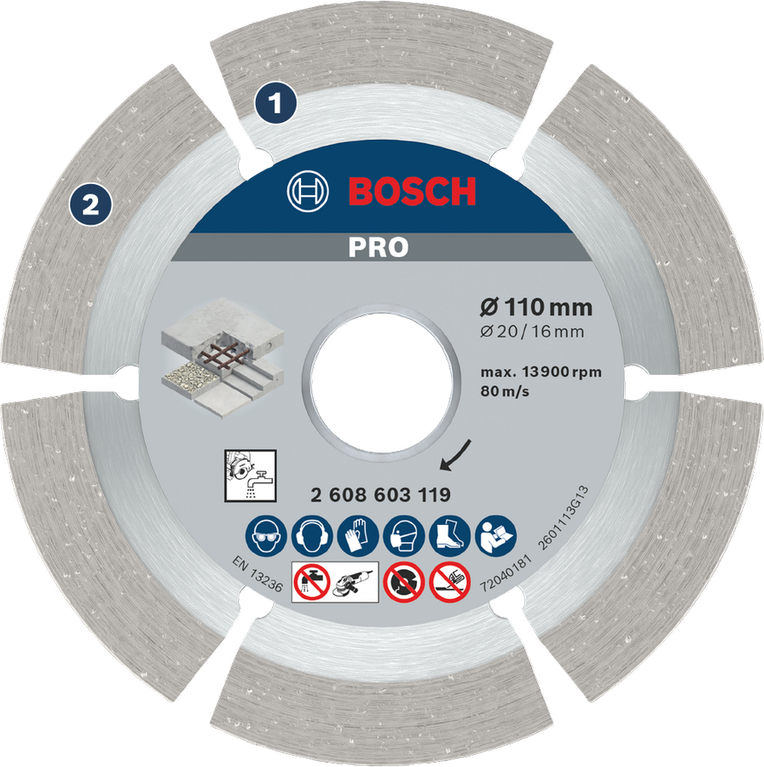 BoschPRO 混凝土金刚石切割片 110 毫米，用于切割混凝土。