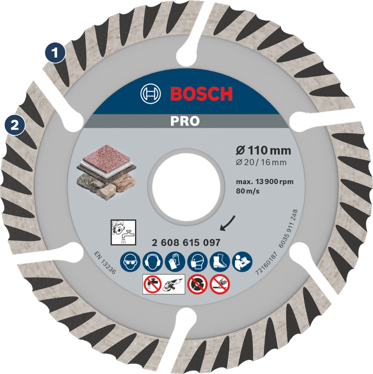 BoschPRO 石材金刚石切割片 110 毫米，用于切割石材。