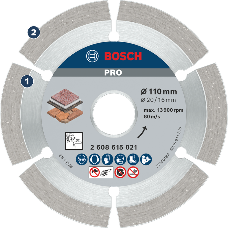 BoschPRO 石材金刚石切割片 110 毫米，用于切割石材。