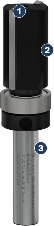 Bosch直柄铣刀，带导向轴承，用于木材切割。