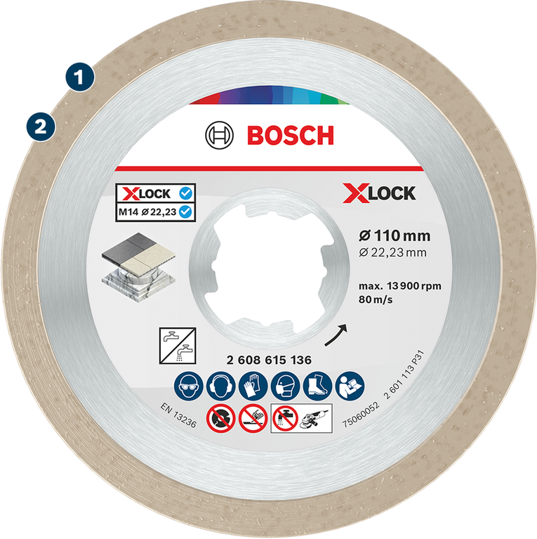 BoschX-LOCK 金刚石切割片，适用于石材和瓷砖。