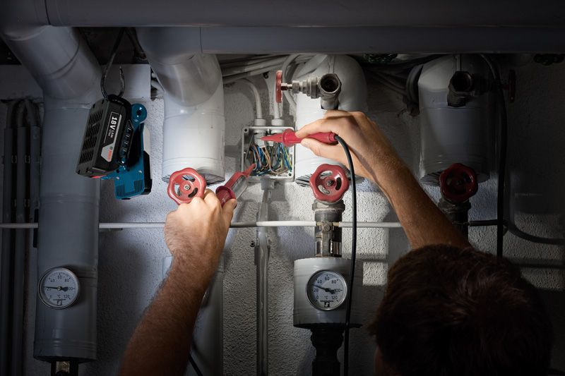 人员正在检查管道附近的电线，上面装有无绳工作灯。.