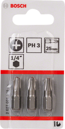 BoschPH3 螺丝刀头套装 25mm，适用于 1/4 英寸六角螺丝。