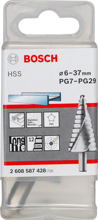 BoschHSS 阶梯钻头 6-37mm，适用于金属和 PVC。