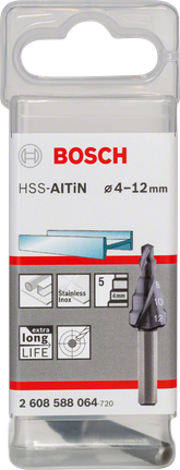 BoschHSS-AlTiN 阶梯钻头 4-12mm，适用于不锈钢。