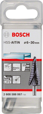 BoschHSS-AlTiN 阶梯钻头 6-30mm，适用于不锈钢。