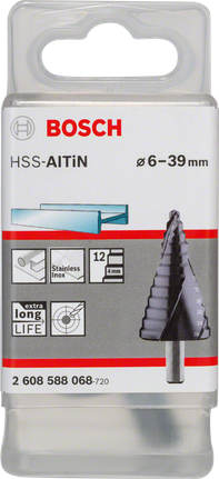BoschHSS-AlTiN 阶梯钻头 6-39mm，适用于不锈钢。