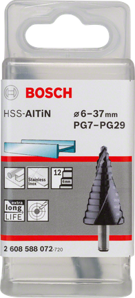 BoschHSS-AlTiN 阶梯钻头 6-37mm，适用于不锈钢。