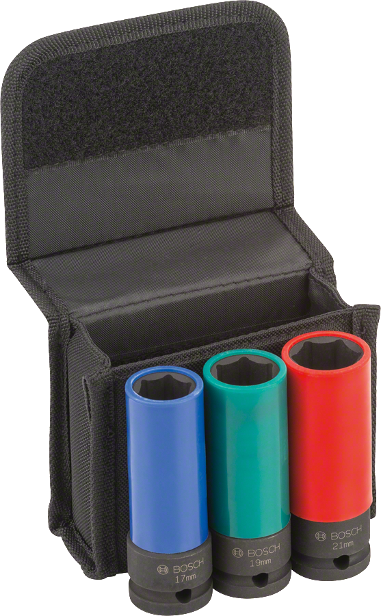 Bosch冲击套筒组，尺寸有 17、19、21 毫米。.