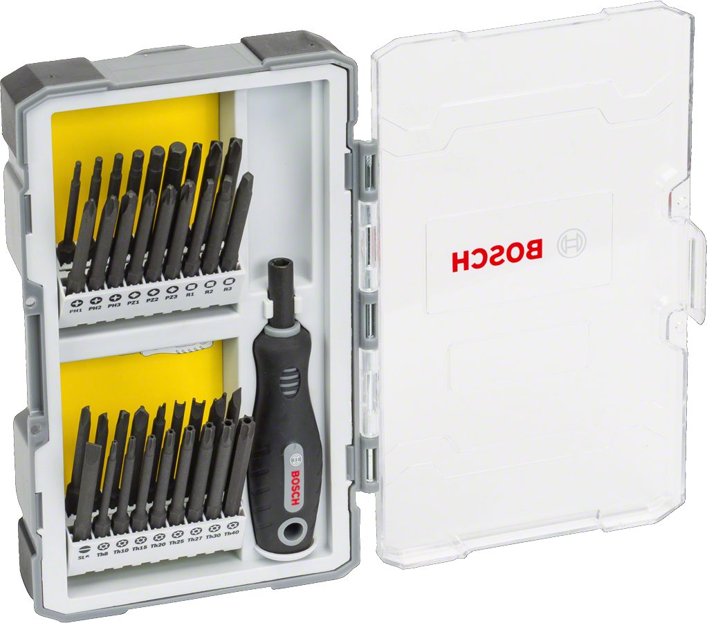Bosch37 件螺丝刀套装，配有手柄和钻头支架。.