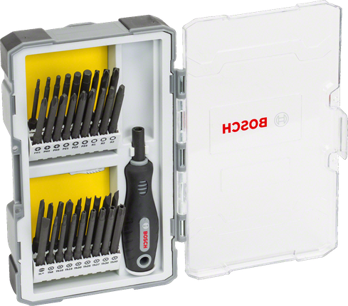 Bosch37 件螺丝刀套装，配有手柄和钻头支架。.