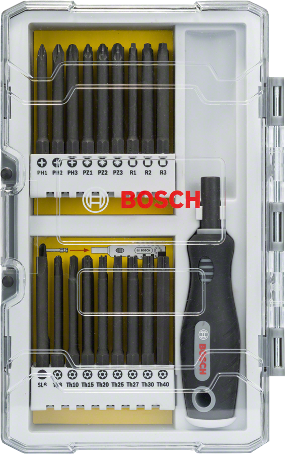 Bosch32 件套螺丝刀头和棘轮扳手套装。