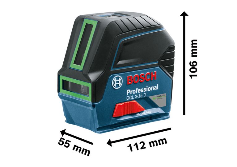 BoschGCL 2-15 G 组合激光器，尺寸如图所示。.