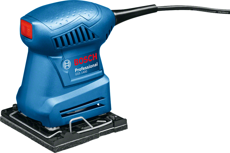 BoschGSS 1400 轨道砂光机，配有方形砂光板。