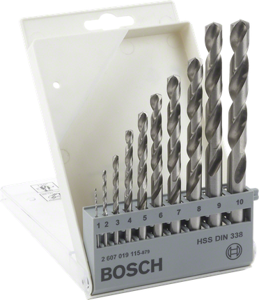 BoschHSS 钻头套装，置于带标签的塑料盒中。.