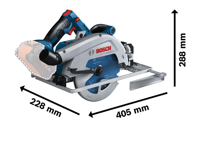 BoschGKS 18V-68 GC 无绳圆锯及其尺寸。