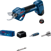 无绳电动修枝剪套装，配有充电器、电池和多个附件。.