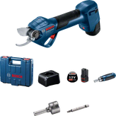 无绳电动修枝剪套件，配有充电器、手提箱、电池和配件。.