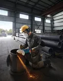 一名佩戴安全设备的人员在室内使用角磨机切割一根大型金属管道。.