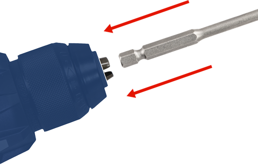 钻头插入卡盘，红色箭头表示移动。.