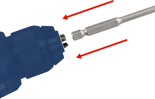 钻头插入卡盘，红色箭头表示移动。.