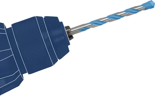 钻夹头上装有带有蓝色尖端的螺旋钻头。.