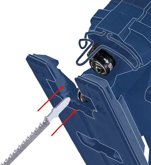 拼图锯刀片被插入带有轮廓装配指南的工具中。.