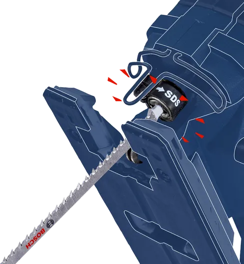 军刀锯片被插入快速释放装置。.