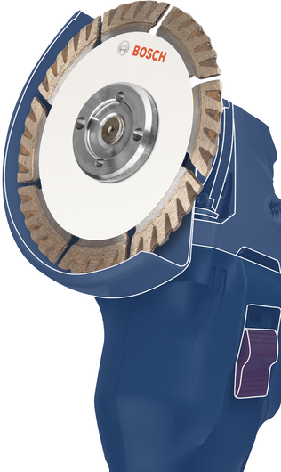 带有金刚石刀片附件的角磨机，工具主体以蓝色显示。.