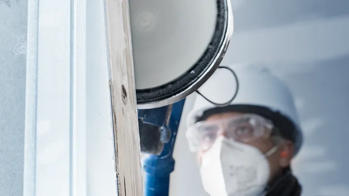 佩戴安全设备的人员正在钻干墙板。