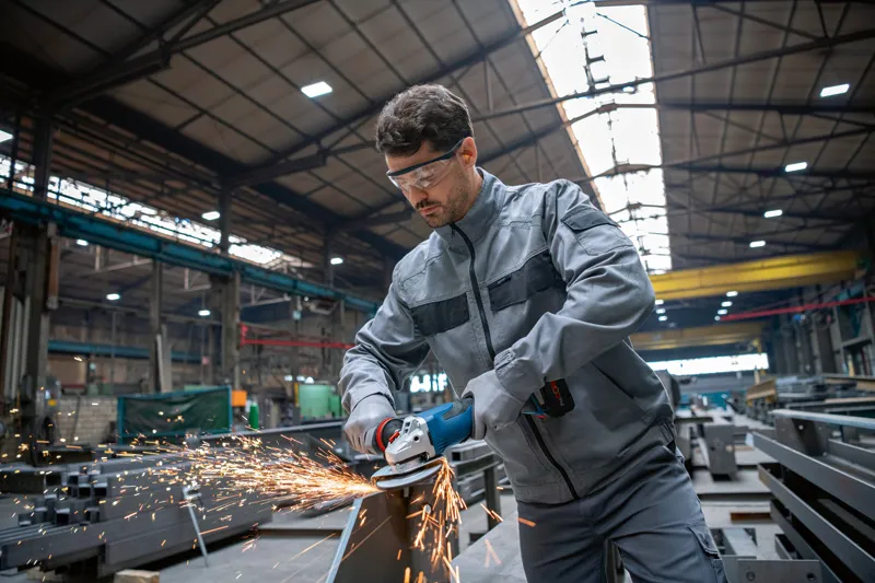 一名佩戴安全设备的工人在工厂里用无绳角磨机打磨金属。.