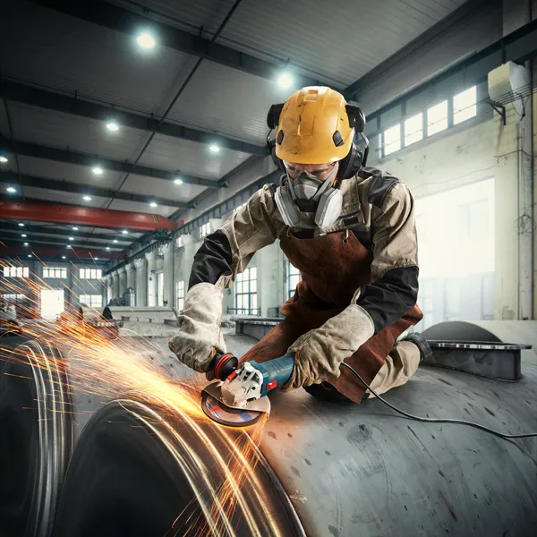 一名佩戴安全设备的人员在工业环境中研磨金属，产生火花。.