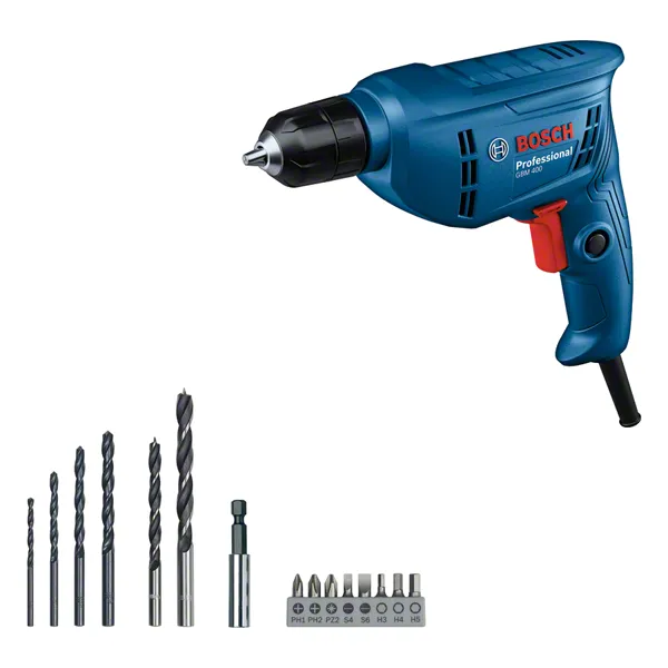 BoschGBM 400 电钻，配有钻头和螺丝刀头。.