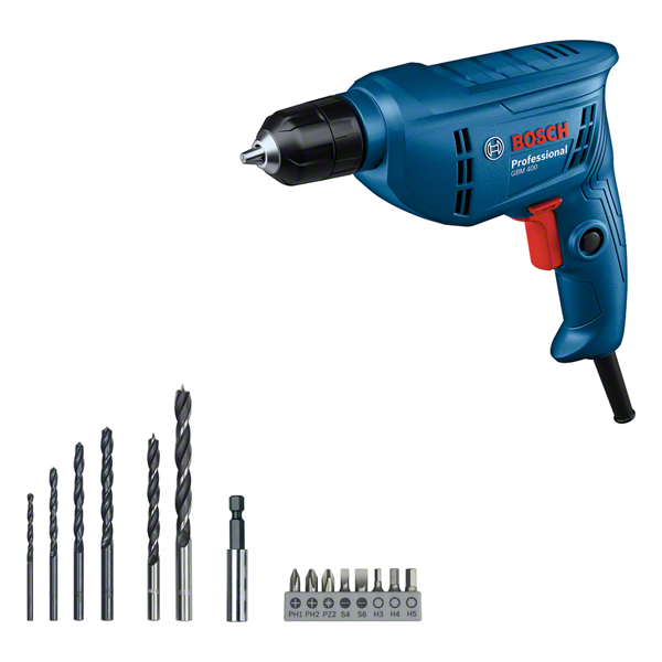 BoschGBM 400 电钻，配有钻头和螺丝刀头。.