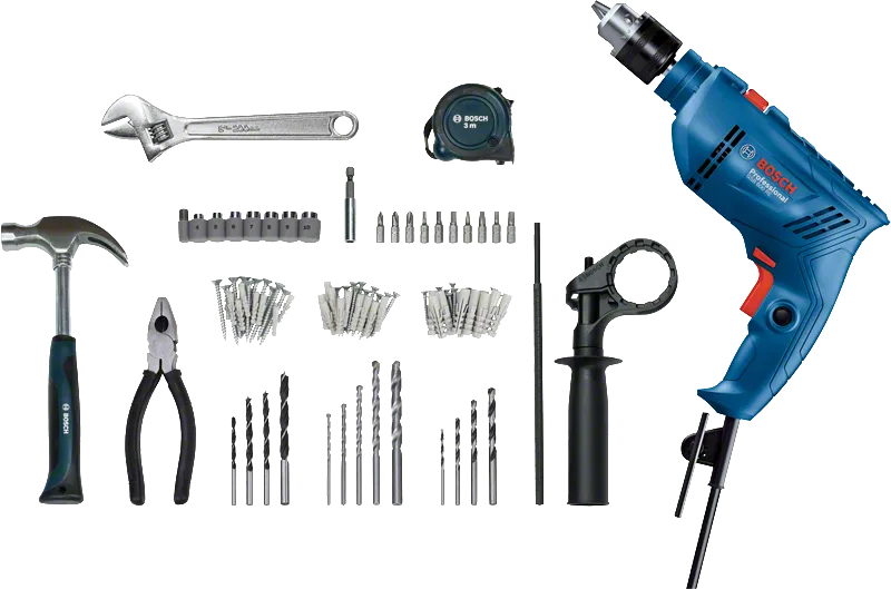 BoschGSB 600 RE 钻头套件，配有手动工具和配件。.