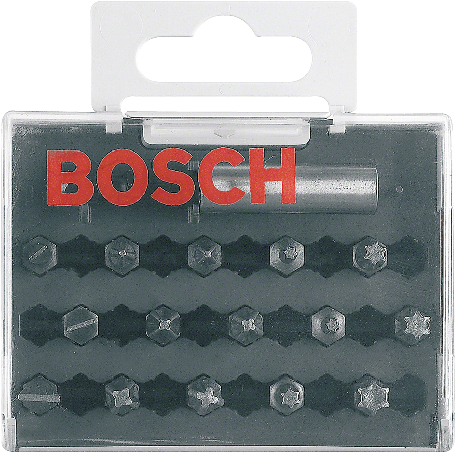 Bosch螺丝刀头套装，配有各种刀头和工具盒。