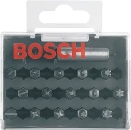 Bosch螺丝刀头套装，配有各种刀头和工具盒。