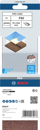 BoschPRO X440 砂带 75x533 毫米，粒度 80 片装。