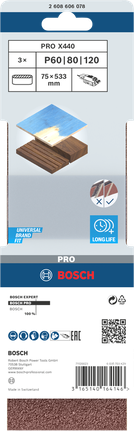 BoschPRO X440 砂带 75 x 533 毫米，适用于木材和金属。