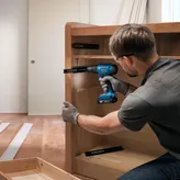 佩戴安全设备的人员使用无绳电钻安装抽屉滑轨。.