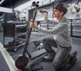 一名工人在车间使用无绳螺丝刀修理电动滑板车。.