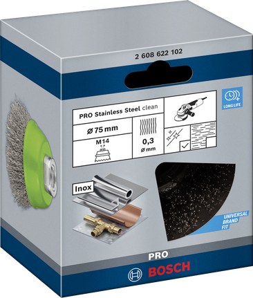 BoschPRO 不锈钢清洁杯刷 75mm，适用于角磨机。