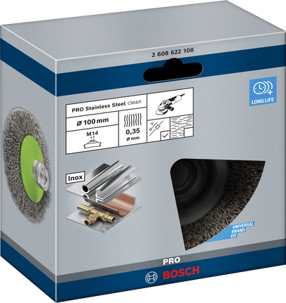 BoschPRO 不锈钢清洁斜角刷 100mm M14。